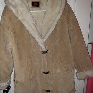 Gallery Women's Small Tan GENUINE LEATHER Suede Faux Fur Lined Hooded Parka